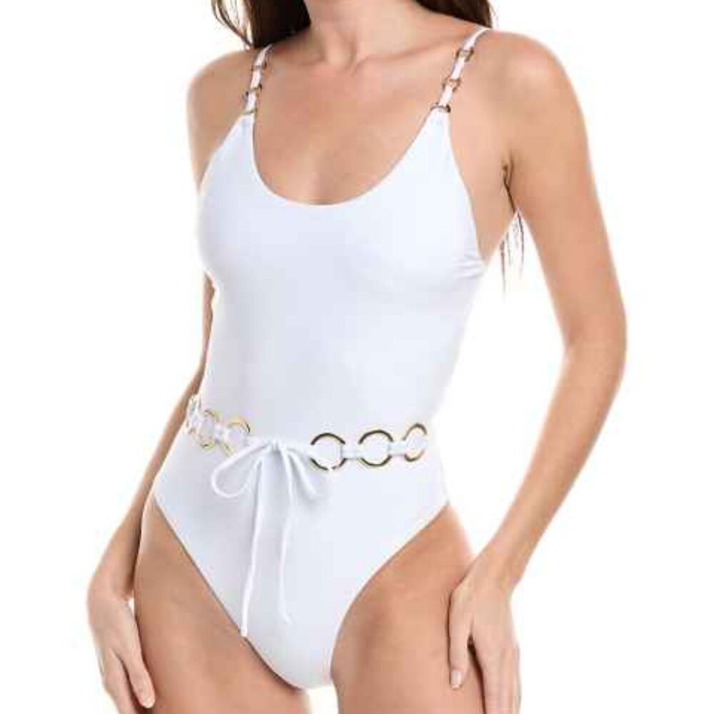 Pilyq PQ Swim White One-Piece Swimsuit with Gold Ring Accents